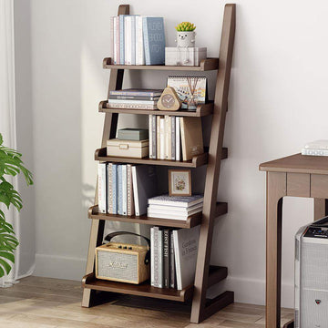 Modern Solid Wood 5-Tier Shelf Ladder Bookcase in Walnut-Bookcases & Bookshelves,Furniture,Office Furniture